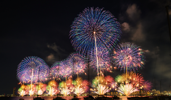 A large fireworks display lighting up the night sky above city lights