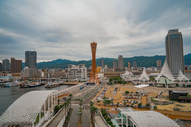 A panoramic view of Kobe Port Tower and the Meriken Park waterfront