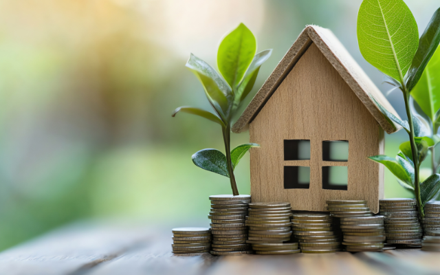A house model and plants on stacked coins, representing costs or pricing
