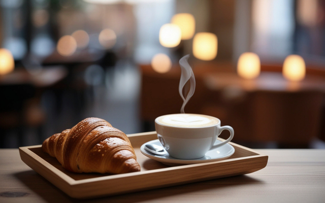 A croissant and a steaming cup of coffee on a tray