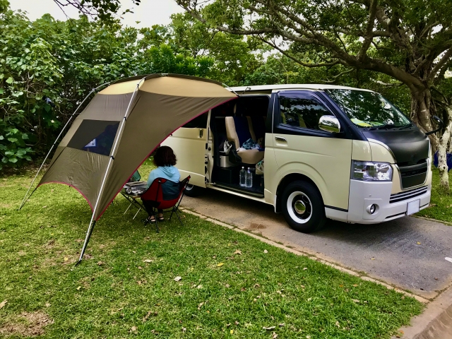 A camper van parked on grass with a tarp set up for car camping in the shade