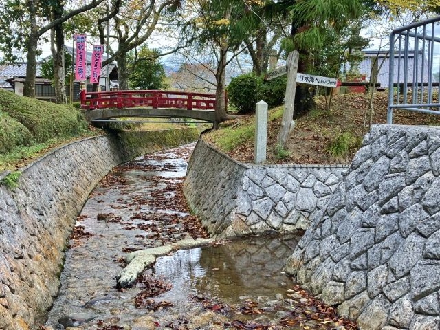 A water channel split point with signboards at Mizuwakare Park