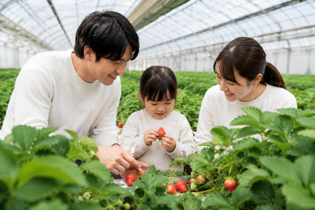 家族でイチゴ狩り楽しむ温室