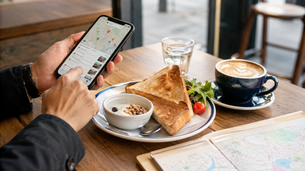 スマホでおすすめモーニングを調べている様子